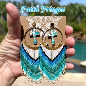Handmade Beaded Long Faith Fringe Cross Dangle Drop Lightweight Post Earrings